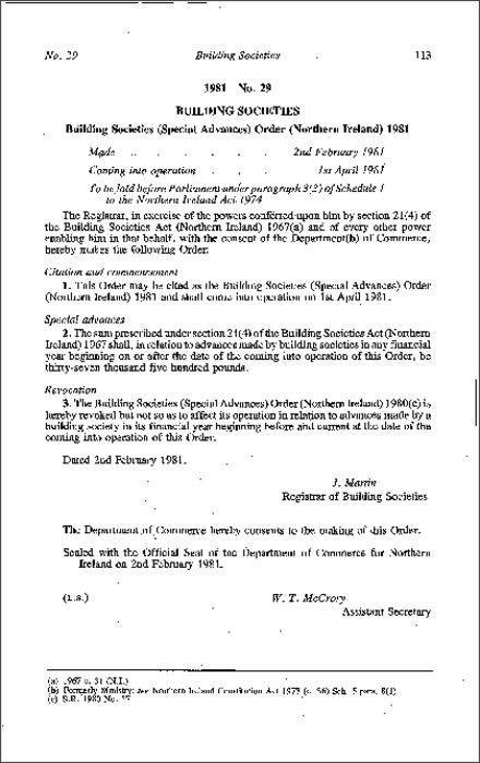The Building Societies (Special Advances) Order (Northern Ireland) 1981