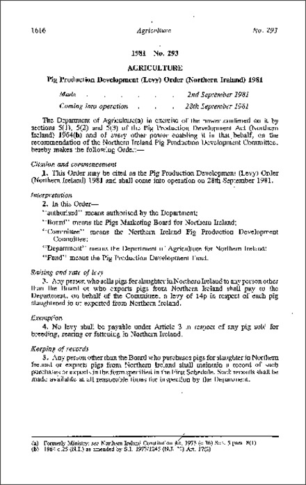 The Pig Production Development (Levy) Order (Northern Ireland) 1981