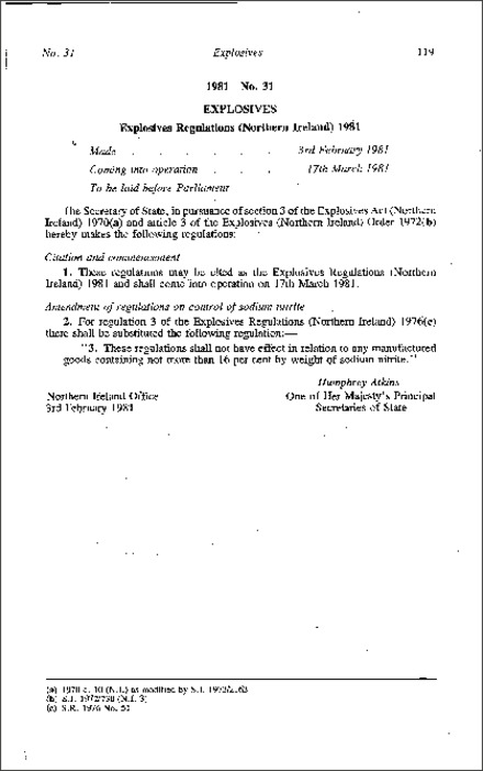 The Explosive Regulations (Northern Ireland) 1981