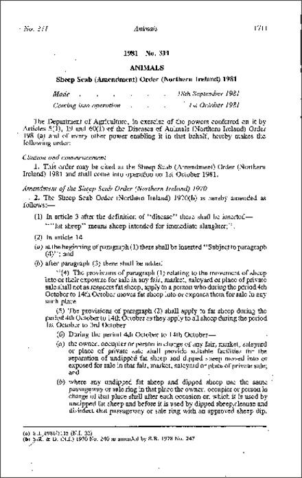 The Sheep Scab (Amendment) Order (Northern Ireland) 1981