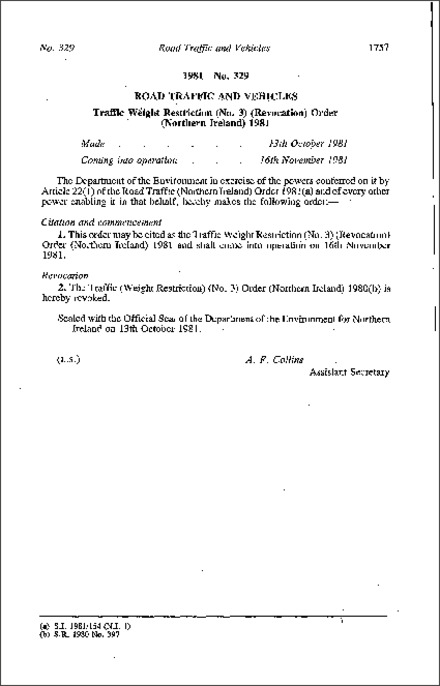 The Traffic Weight Restriction (No. 3) (Revocation) Order (Northern Ireland) 1981
