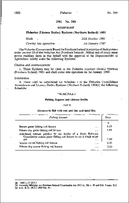 The Fisheries (Licence Duties) Byelaws (Northern Ireland) 1981