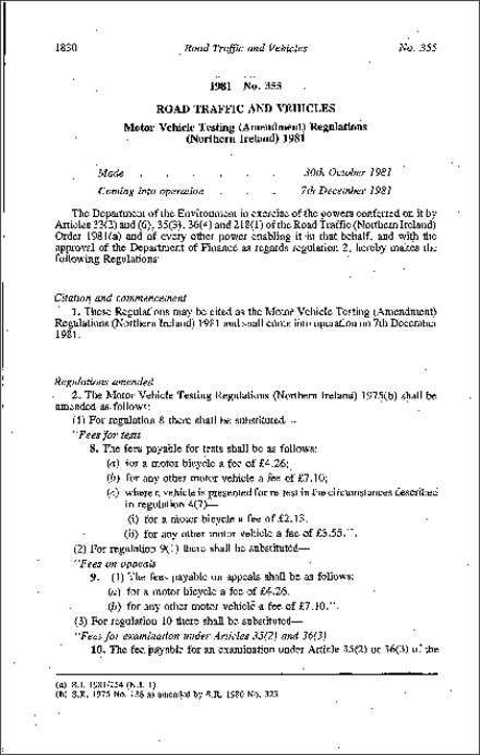 The Motor Vehicle Testing (Amendment) Regulations (Northern Ireland) 1981