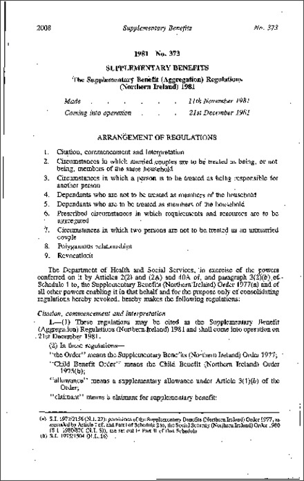 The Supplementary Benefit (Aggregation) Regulations (Northern Ireland) 1981