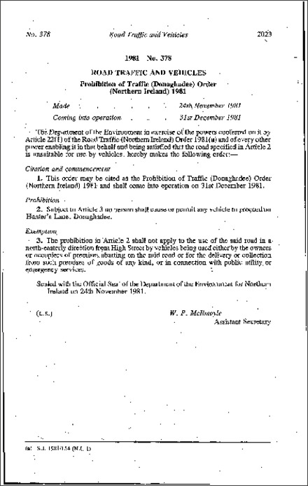 The Prohibition of Traffic (Donaghadee) Order (Northern Ireland) 1981