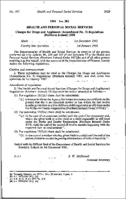 The Charges for Drugs and Appliances (Amendment No. 3) Regulations (Northern Ireland) 1981