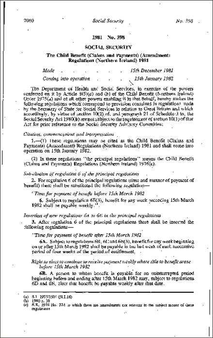 The Child Benefit (Claims and Payments) (Amendment) Regulations (Northern Ireland) 1981