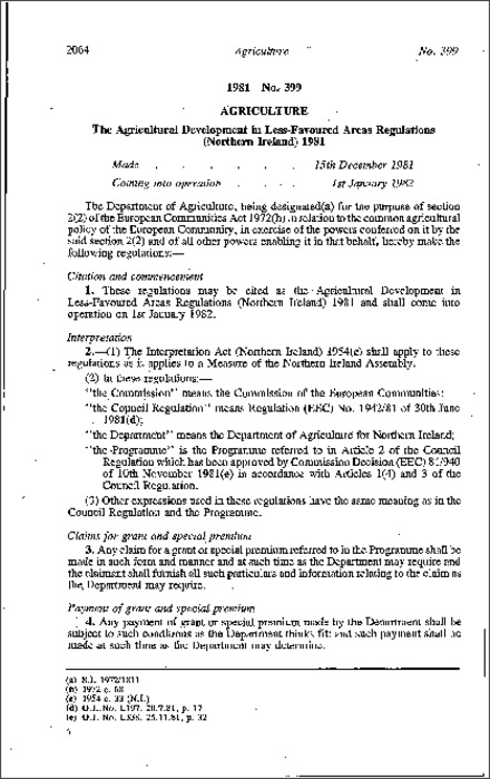 The Agricultural Development in Less-Favoured Areas Regulations (Northern Ireland) 1981