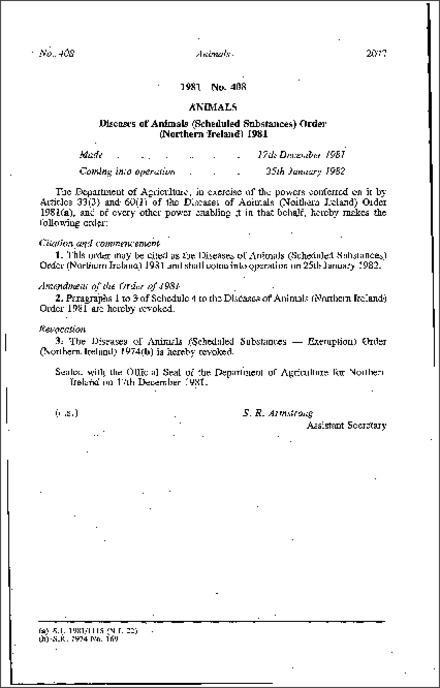 The Diseases of Animals (Scheduled Substances) Order (Northern Ireland) 1981