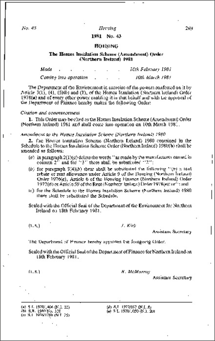 The Homes Insulation Scheme (Amendment) Order (Northern Ireland) 1981