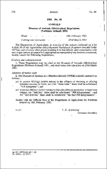 The Diseases of Animals (Metrication) Regulations (Northern Ireland) 1981