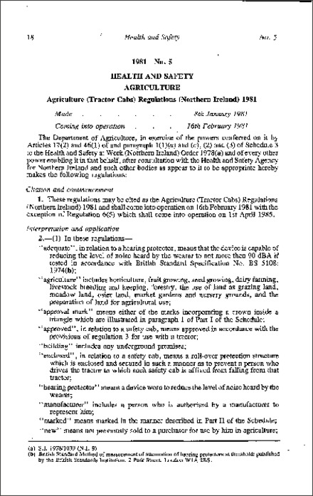 The Agriculture (Tractor Cabs) Regulations (Northern Ireland) 1981