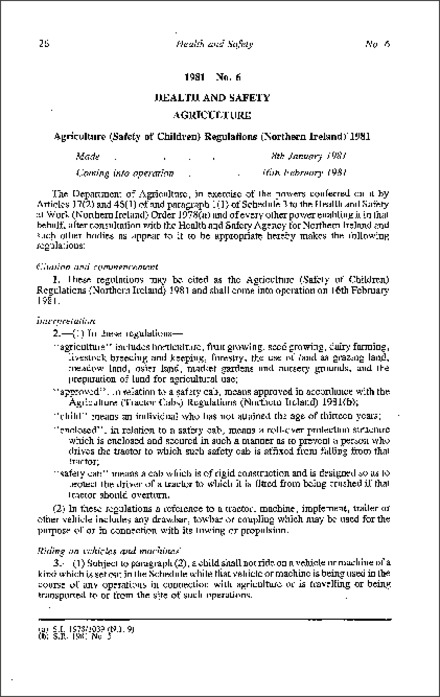 The Agriculture (Safety of Children) Regulations (Northern Ireland) 1981
