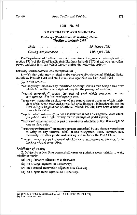 The Footways (Prohibition of Waiting) Order (Northern Ireland) 1981
