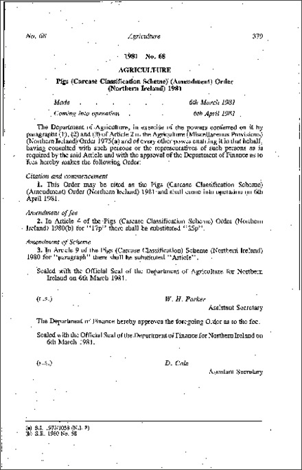 The Pigs (Carcase Classification Scheme) (Amendment) Order (Northern Ireland) 1981