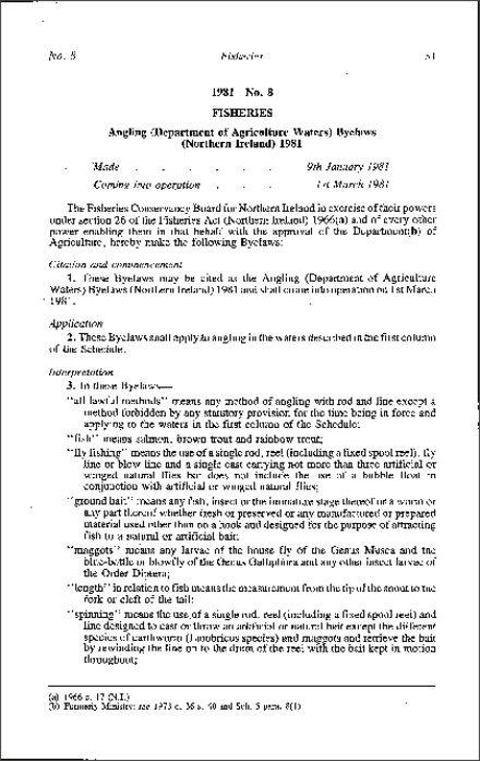 The Angling (Department of Agriculture Waters) Byelaws (Northern Ireland) 1981