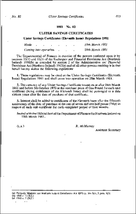 The Ulster Savings Certificates (Eleventh Issue) Regulations (Northern Ireland) 1981