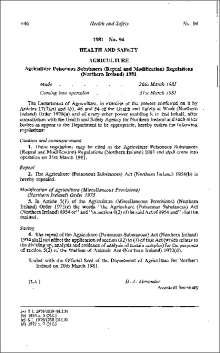 The Agricultural Poisonous Substances (Repeal and Modification) Regulations (Northern Ireland) 1981