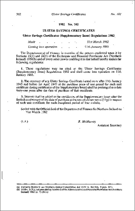 The Ulster Savings Certificates (Supplementary Issue) Regulations (Northern Ireland) 1982