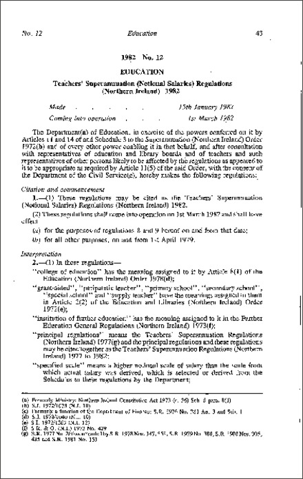 The Teachers' Superannuation (Notional Salaries) Regulations (Northern Ireland) 1982