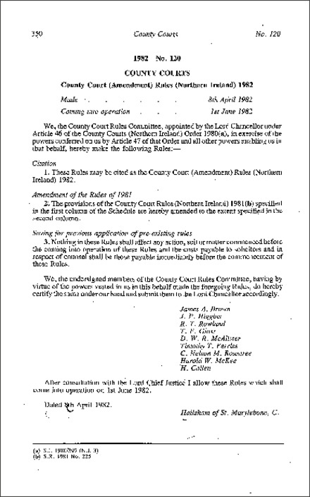 The County Court (Amendment) Rules (Northern Ireland) 1982