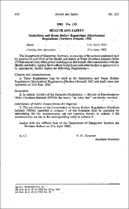 The Gasholders and Steam Boilers Regulations (Metrication) Regulations (Northern Ireland) 1982