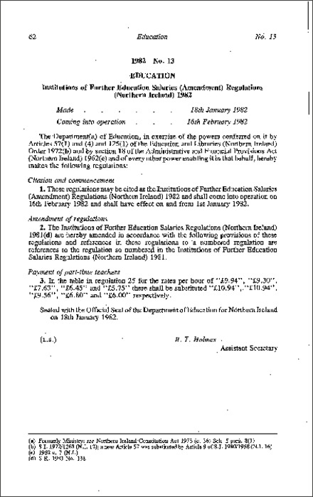 The Institutions of Further Education Salaries (Amendment) Regulations (Northern Ireland) 1982