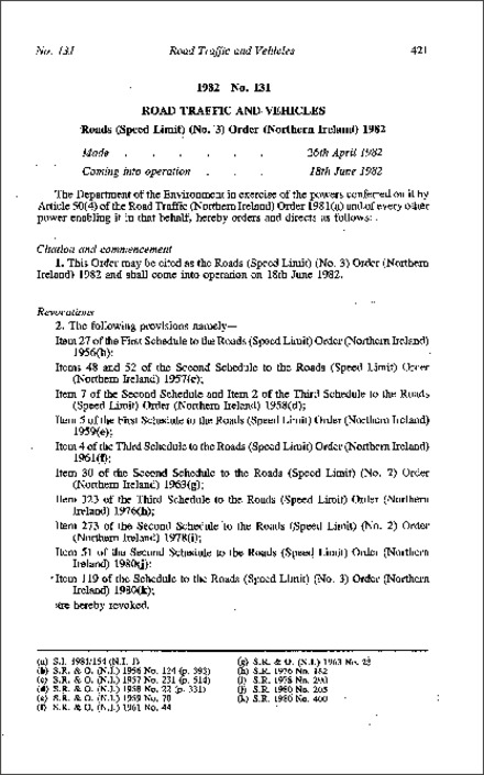 The Roads (Speed Limit) (No. 3) Order (Northern Ireland) 1982