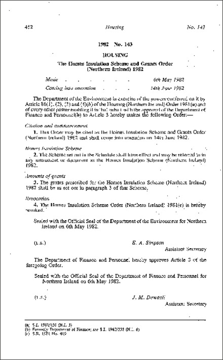 The Homes Insulation Scheme and Grants Order (Northern Ireland) 1982