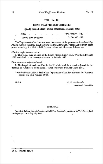 The Roads (Speed Limit) Order (Northern Ireland) 1982