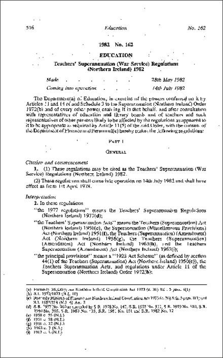 The Teachers' Superannuation (War Service) Regulations (Northern Ireland) 1982