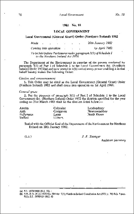 The Local Government (General Grant) Order (Northern Ireland) 1982