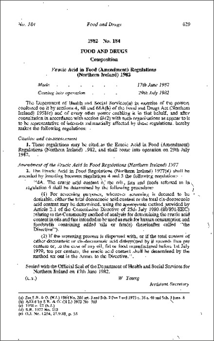 The Erucic Acid in Food (Amendment) Regulations (Northern Ireland) 1982