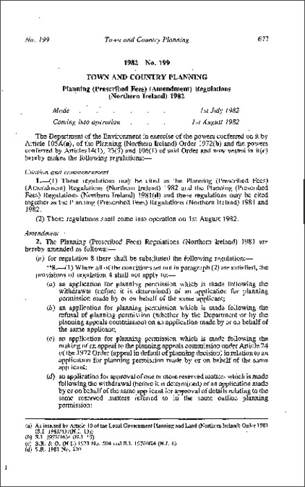 The Planning (Prescribed Fees) (Amendment) Regulations (Northern Ireland) 1982