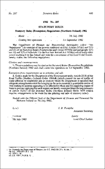 The Statutory Rules (Exemption) Regulations (Northern Ireland) 1982