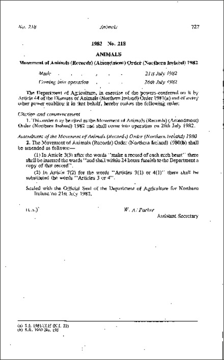 The Movement of Animals (Records) (Amendment) Order (Northern Ireland) 1982