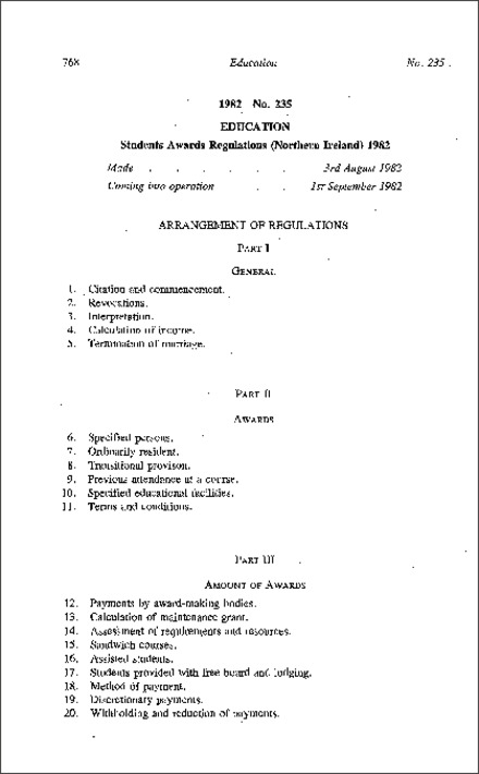 The Students Awards Regulations (Northern Ireland) 1982