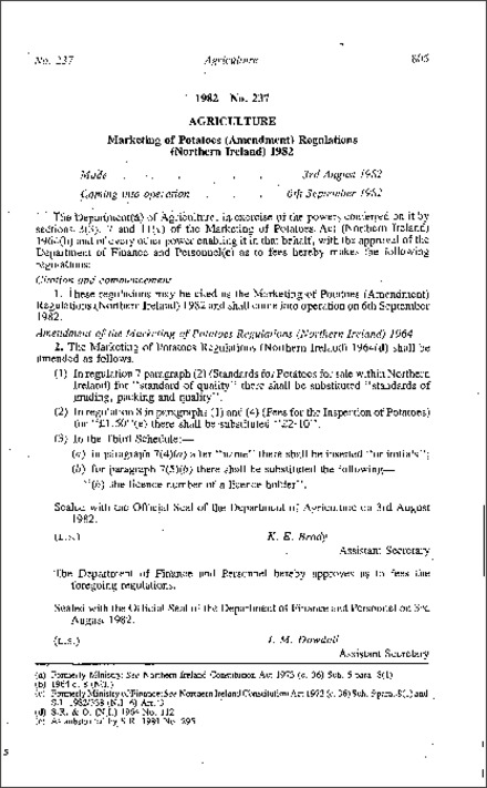 The Marketing of Potatoes (Amendment) Regulations (Northern Ireland) 1982