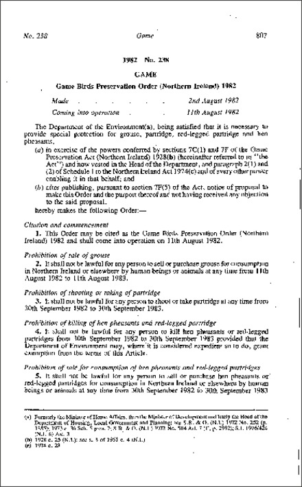 The Game Birds Preservation Order (Northern Ireland) 1982