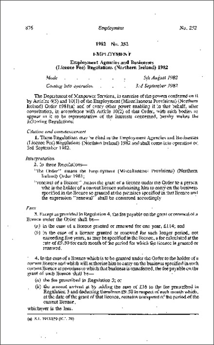 The Employment Agencies and Businesses (Licence Fee) Regulations (Northern Ireland) 1982