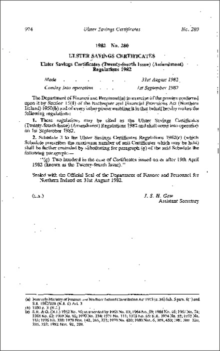 The Ulster Savings Certificates (Twenty-fourth Issue) (Amendment) Regulations (Northern Ireland) 1982