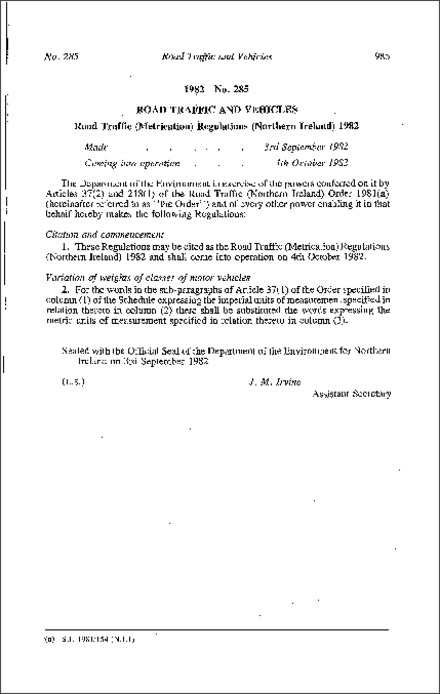 The Road Traffic (Metrication) Regulations (Northern Ireland) 1982