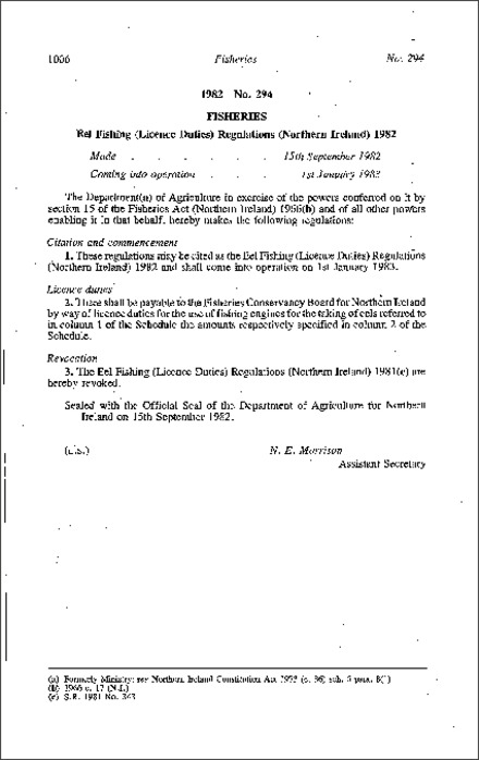 The Eel Fishing (Licence Duties) Regulations (Northern Ireland) 1982