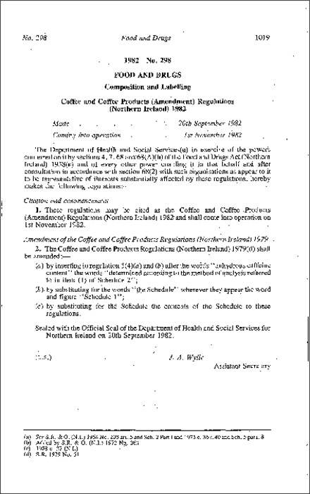 The Coffee and Coffee Products (Amendment) Regulations (Northern Ireland) 1982