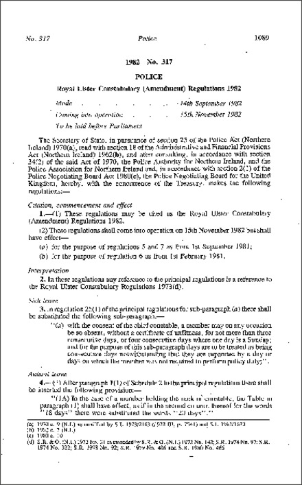 The Royal Ulster Constabulary (Amendment) Regulations (Northern Ireland) 1982