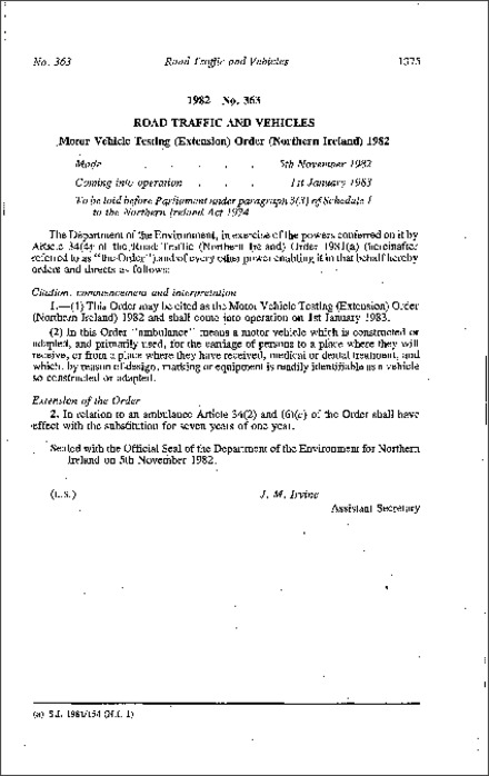 The Motor Vehicle Testing (Extension) Order (Northern Ireland) 1982