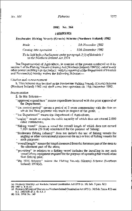 The Freshwater Fishing Vessels (Grants) Scheme (Northern Ireland) 1982