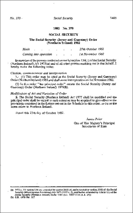 The Social Security (Jersey and Guernsey) Order (Northern Ireland) 1982