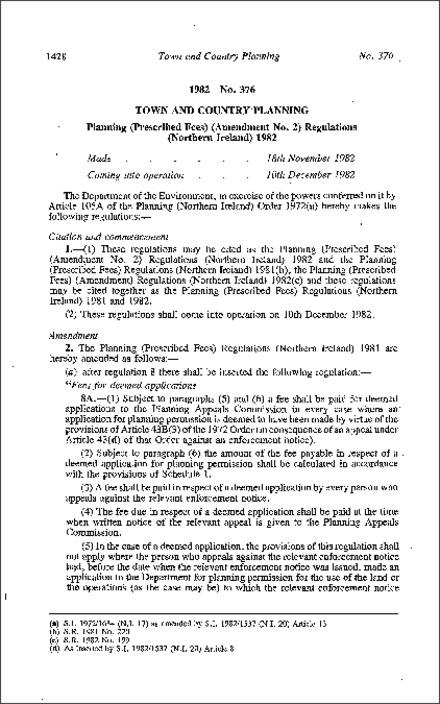 The Planning (Prescribed Fees) (Amendment No. 2) Regulations (Northern Ireland) 1982