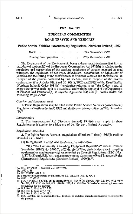 The Public Service Vehicles (Amendment) Regulations (Northern Ireland) 1982